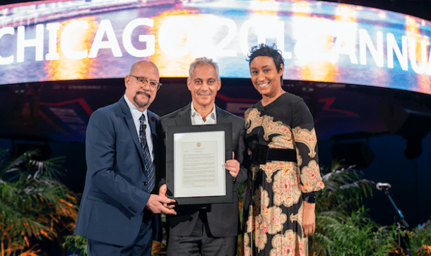 David Whitaker, President &amp; CEO of Choose Chicago; Mayor Rahm Emanuel, City of Chicago; and Desiree Rogers, Chair of Choose Chicago commemorate Global Meetings Industry Day with a Mayoral Proclamation on April 12, 2018 at the Wintrust Arena on McCormick S