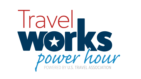 Travel Works Power Hour Logo in red, navy blue and light blue colors.
