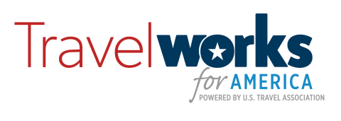 Travel Works Power Hour Logo in red, navy blue and light blue colors.